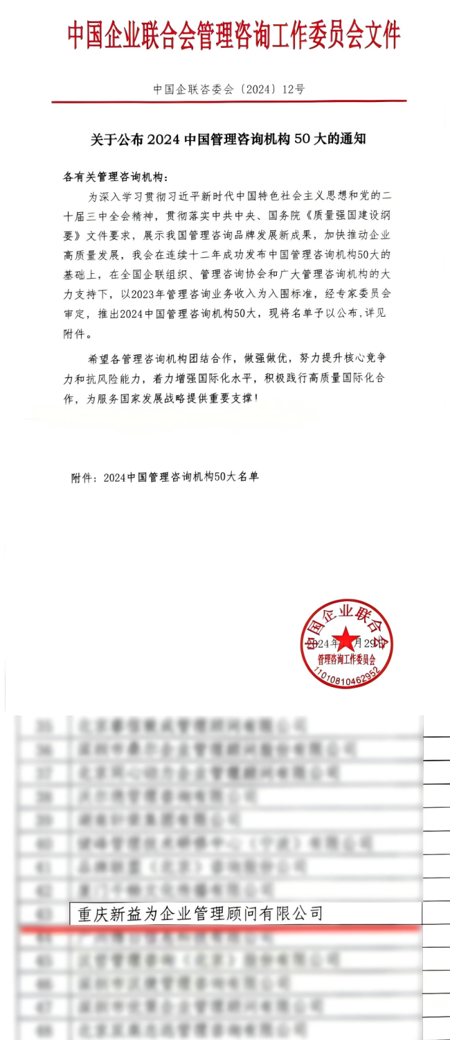 喜報(bào)！新益為入選“2024中國(guó)管理咨詢機(jī)構(gòu)50大”名單